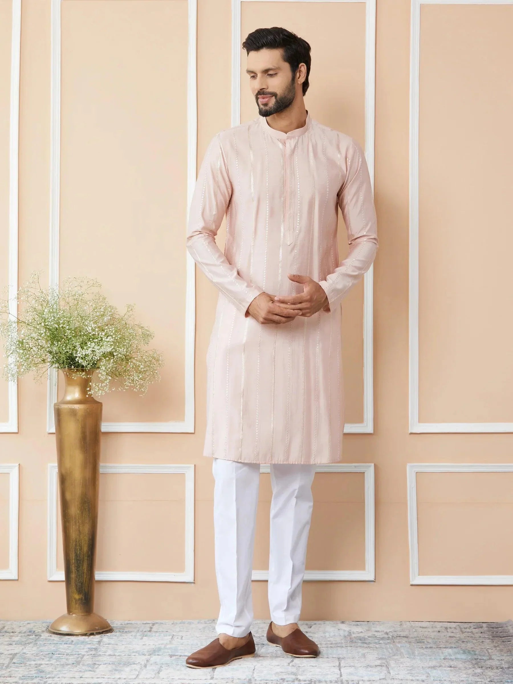 Fabmade Pink Embroidered Regular Sequinned Chanderi Silk Kurta