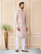 Fabmade Pink Embroidered Regular Sequinned Chanderi Silk Kurta