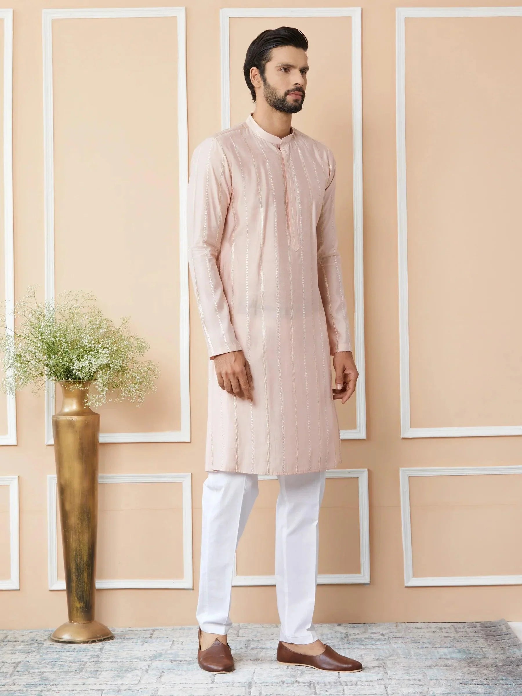 Fabmade Pink Embroidered Regular Sequinned Chanderi Silk Kurta