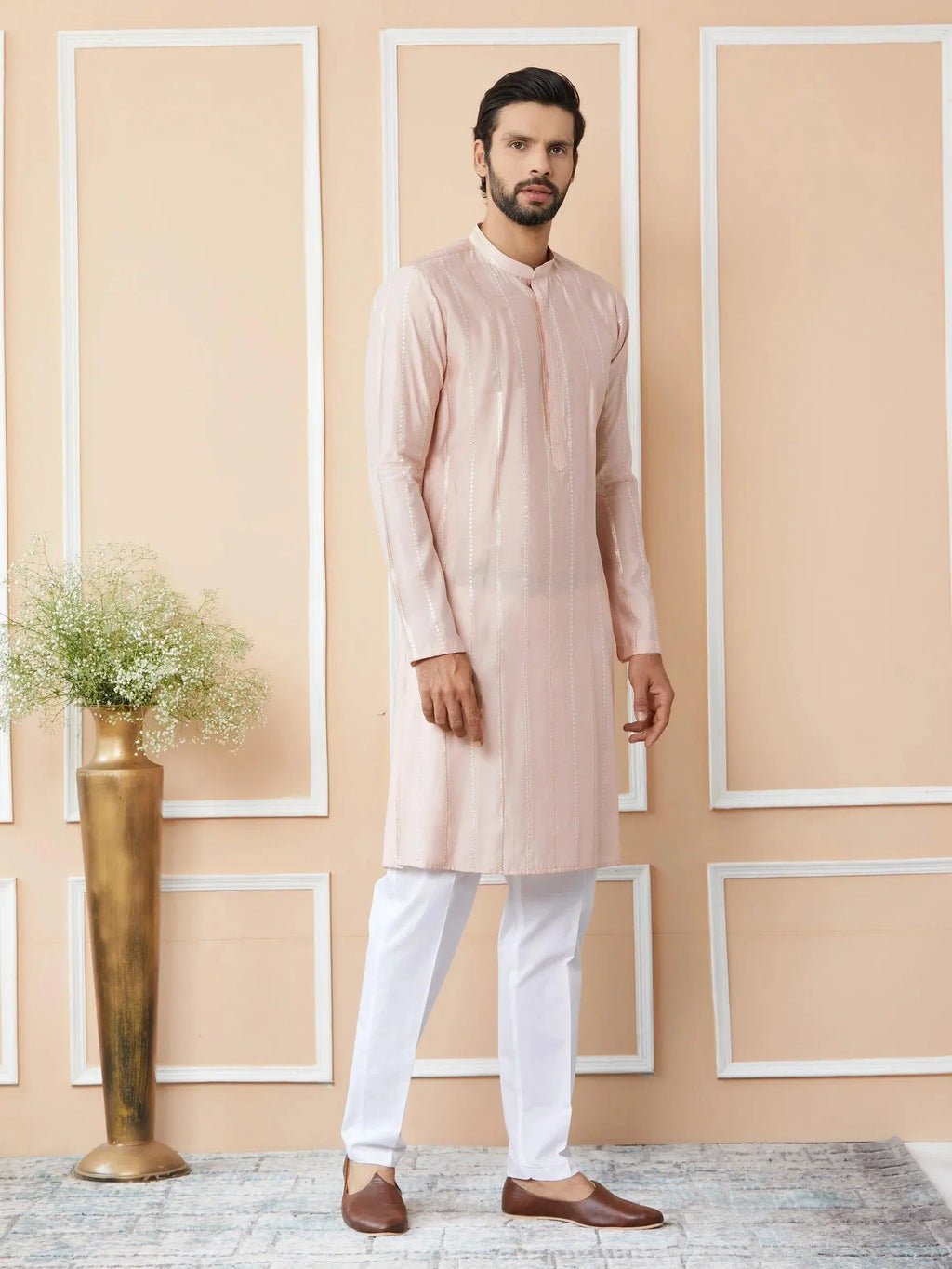 Fabmade Pink Embroidered Regular Sequinned Chanderi Silk Kurta