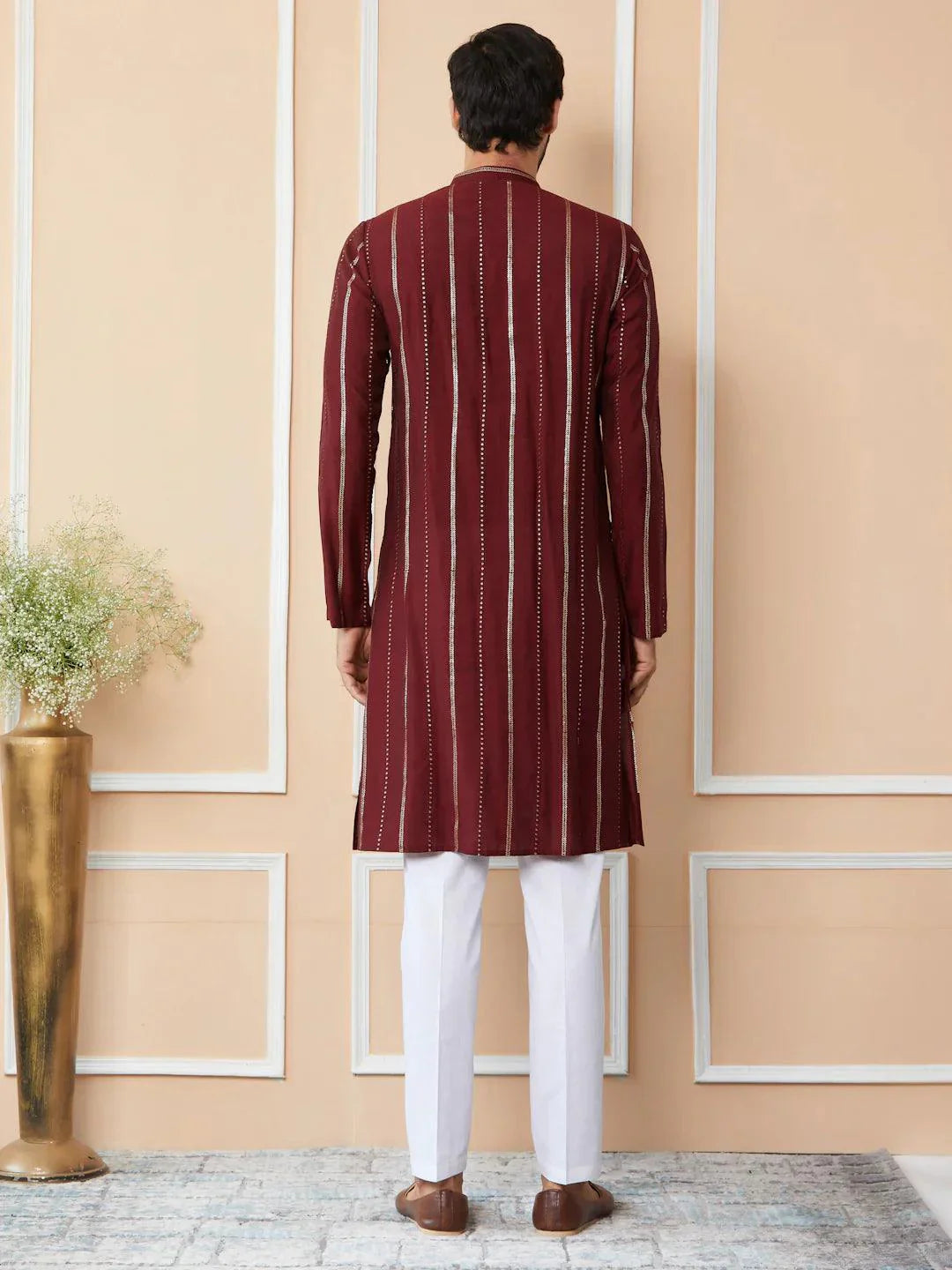 Fabmade Maroon Sequins Embroidered Pure Chanderi Silk Straight Kurta