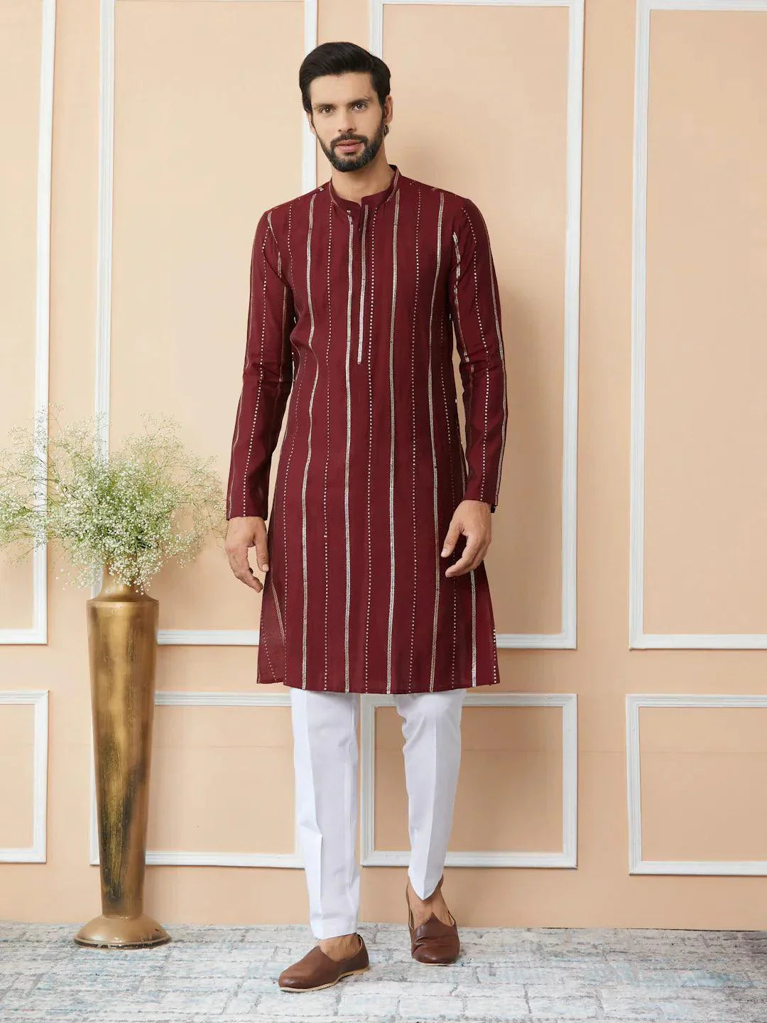 Fabmade Maroon Sequins Embroidered Pure Chanderi Silk Straight Kurta