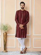 Fabmade Maroon Sequins Embroidered Pure Chanderi Silk Straight Kurta