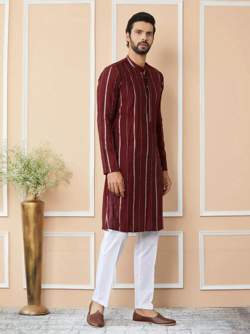 Fabmade Maroon Sequins Embroidered Pure Chanderi Silk Straight Kurta