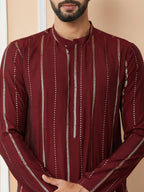 Fabmade Maroon Sequins Embroidered Pure Chanderi Silk Straight Kurta