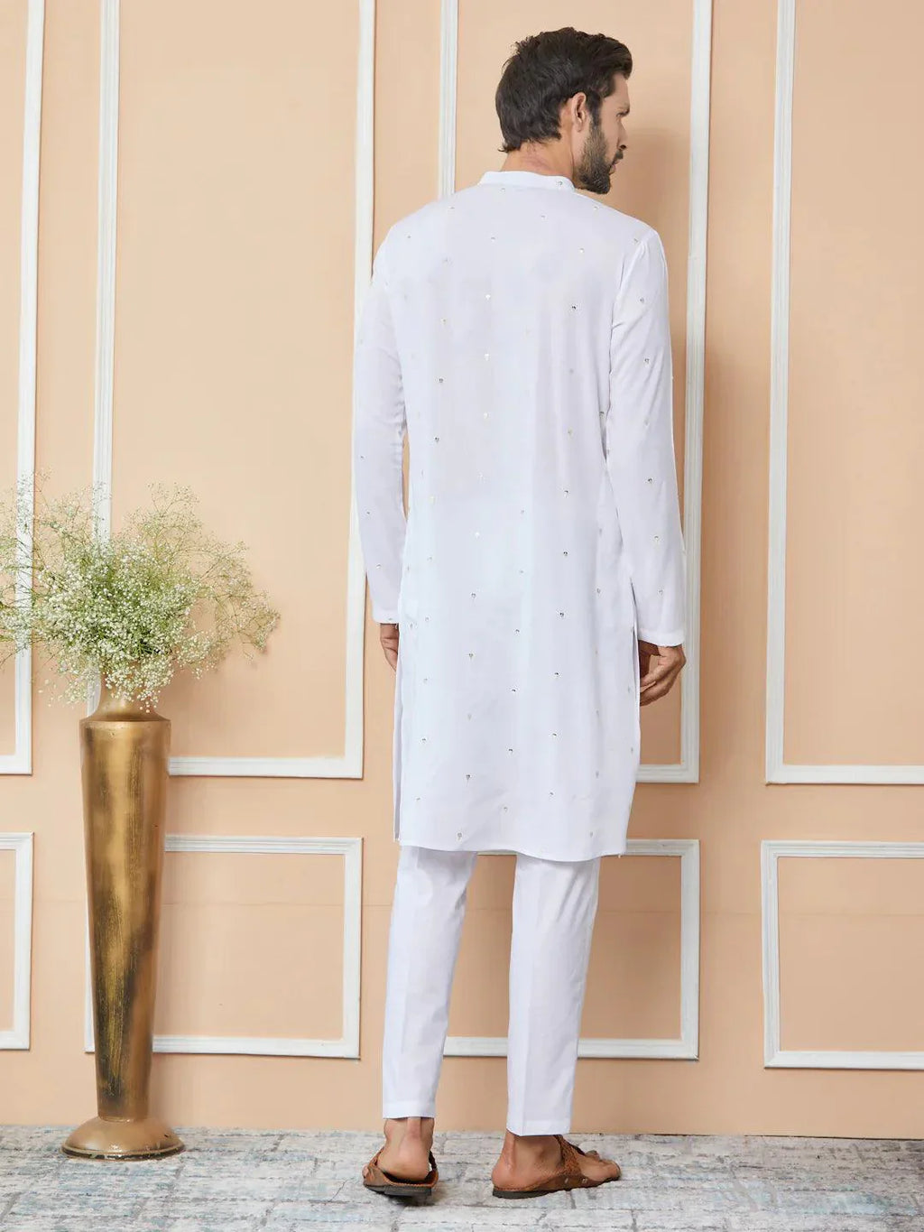 Fabmade White Sequins Embroidered Rayon Straight Kurta With Yoke Design