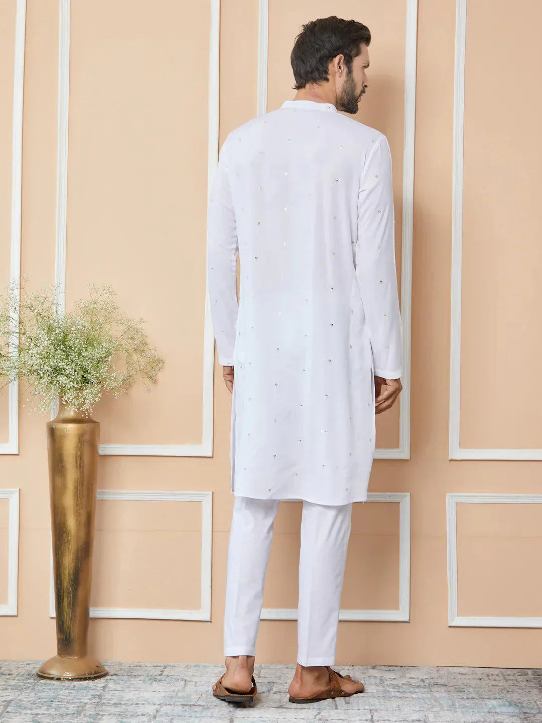 Fabmade White Sequins Embroidered Rayon Straight Kurta With Yoke Design