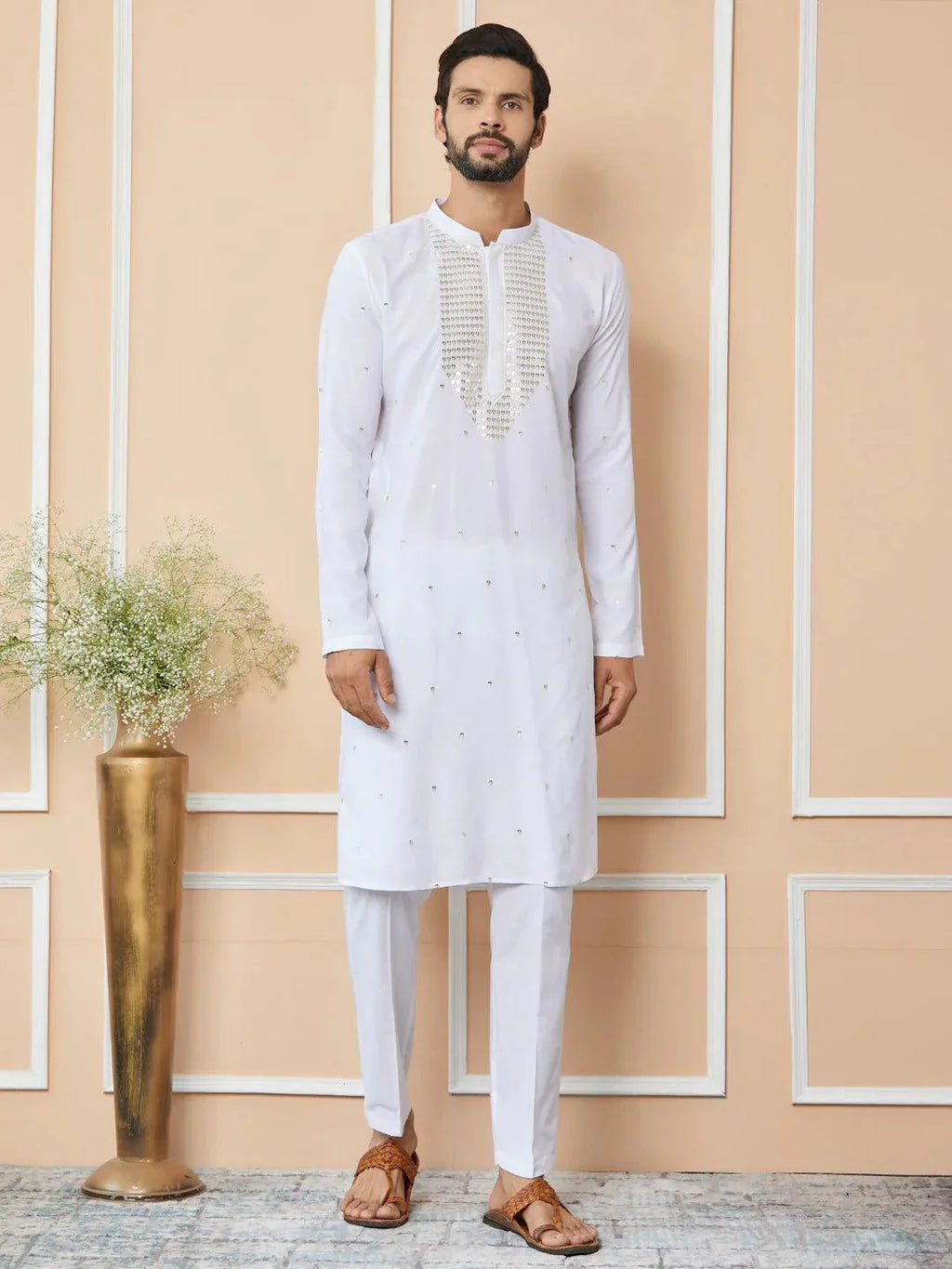 Fabmade White Sequins Embroidered Rayon Straight Kurta With Yoke Design