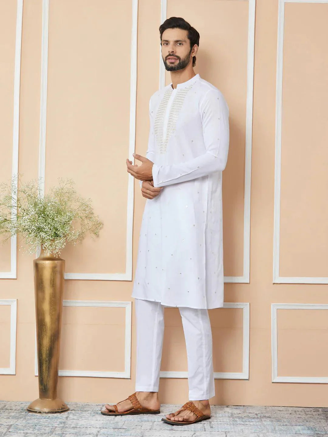 Fabmade White Sequins Embroidered Rayon Straight Kurta With Yoke Design