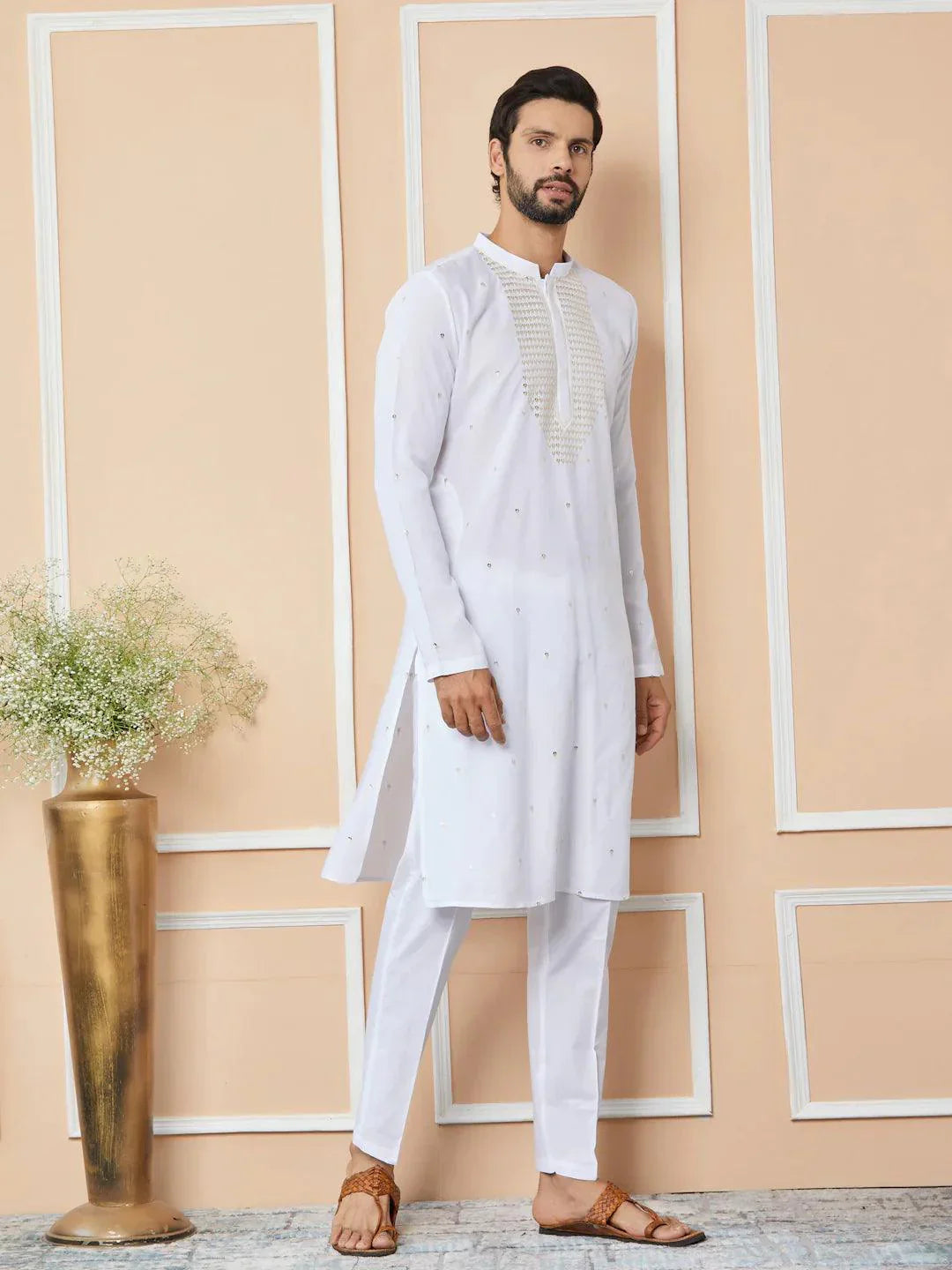 Fabmade White Sequins Embroidered Rayon Straight Kurta With Yoke Design
