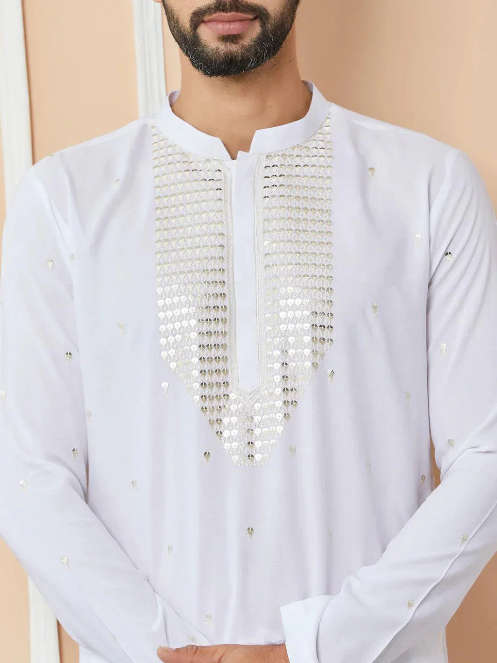 Fabmade White Sequins Embroidered Rayon Straight Kurta With Yoke Design
