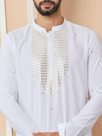 Fabmade White Sequins Embroidered Rayon Straight Kurta With Yoke Design
