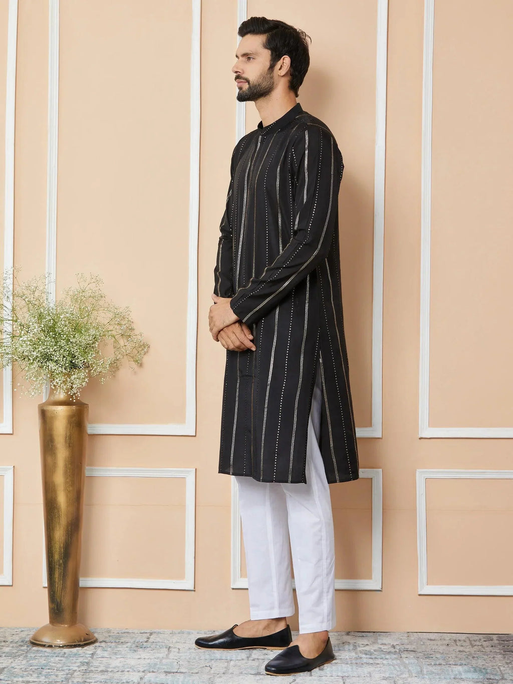 Fabmade Mandarin Collar Long Sleeves Sequined Straight Kurta