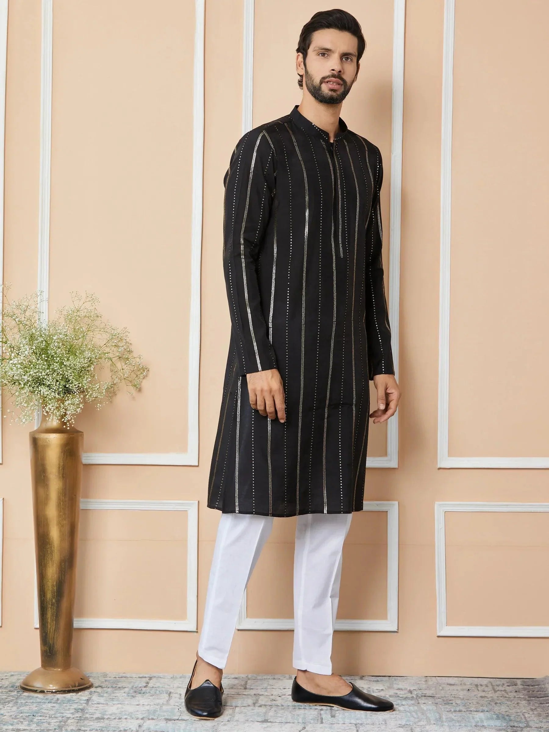 Fabmade Mandarin Collar Long Sleeves Sequined Straight Kurta