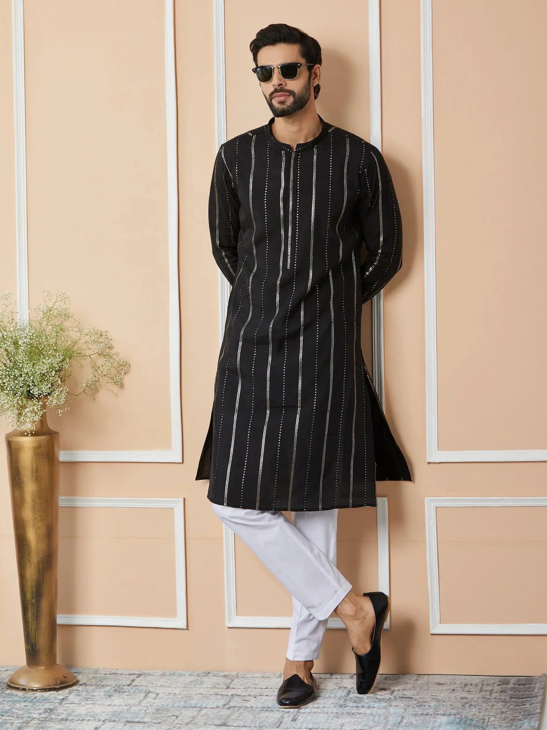 Fabmade Mandarin Collar Long Sleeves Sequined Straight Kurta