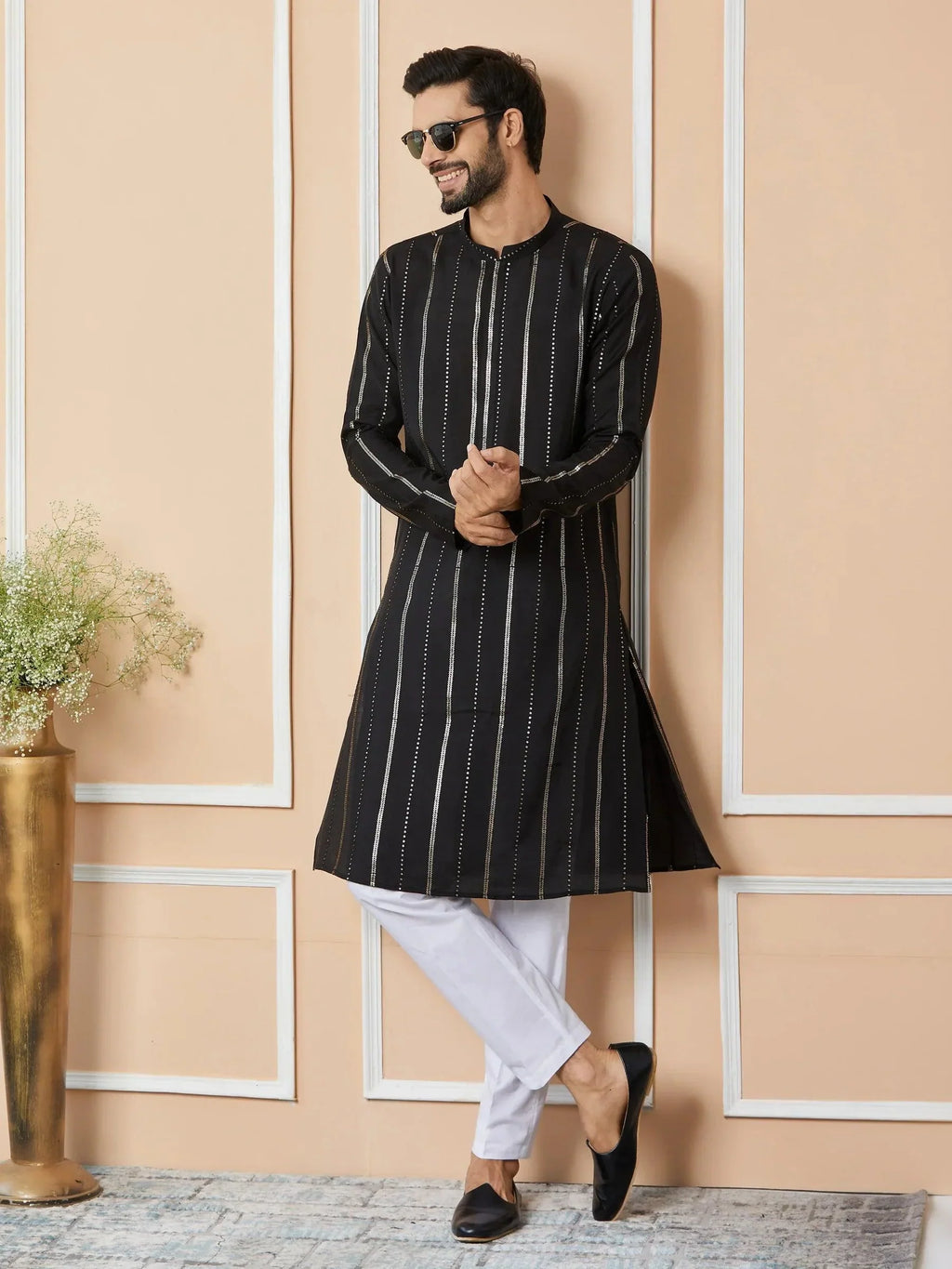 Fabmade Mandarin Collar Long Sleeves Sequined Straight Kurta
