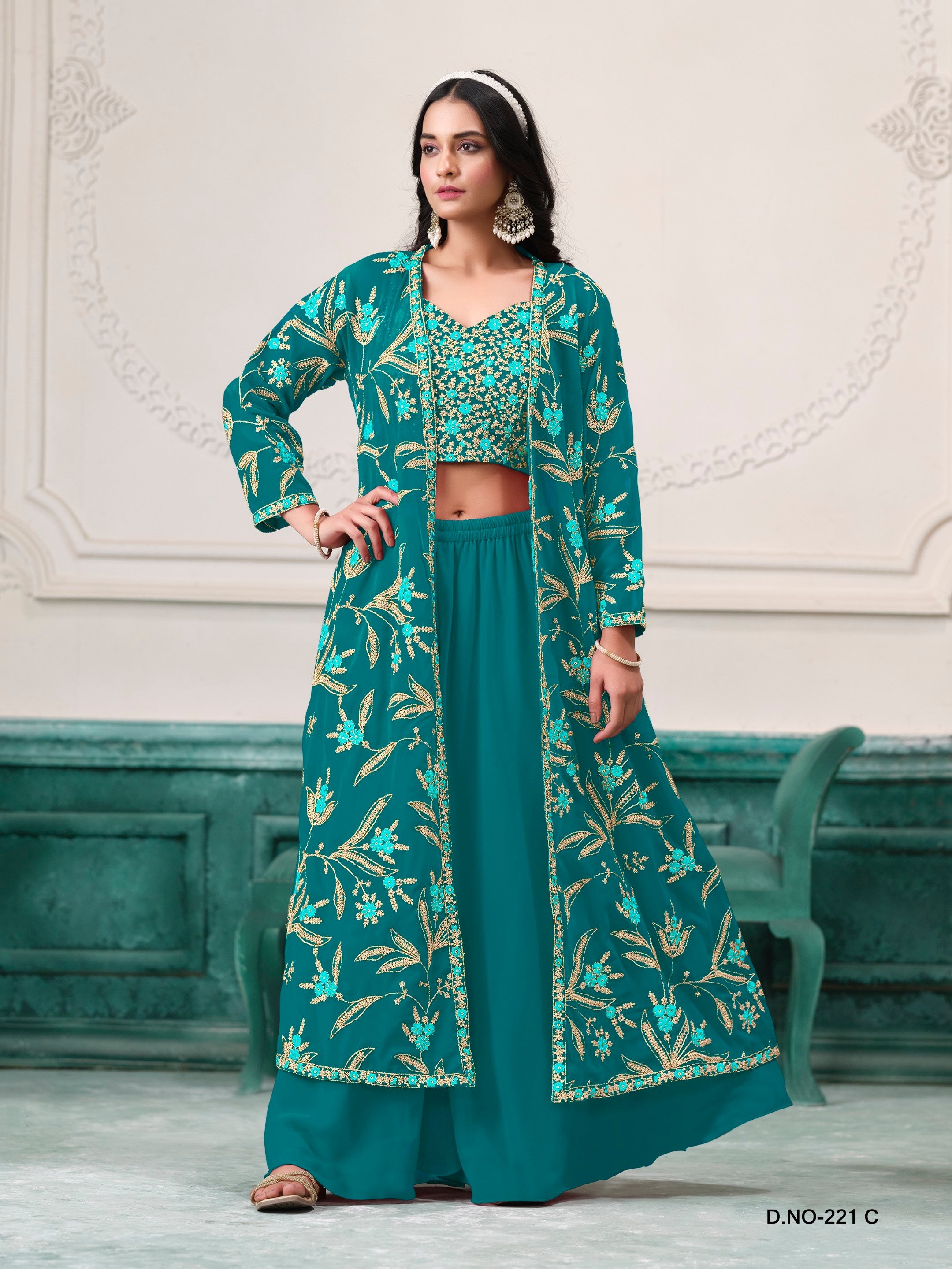 Anaita Turquoise Faux Georgette Sequins Embroidered Stitched Ethnic Suit - Distacart