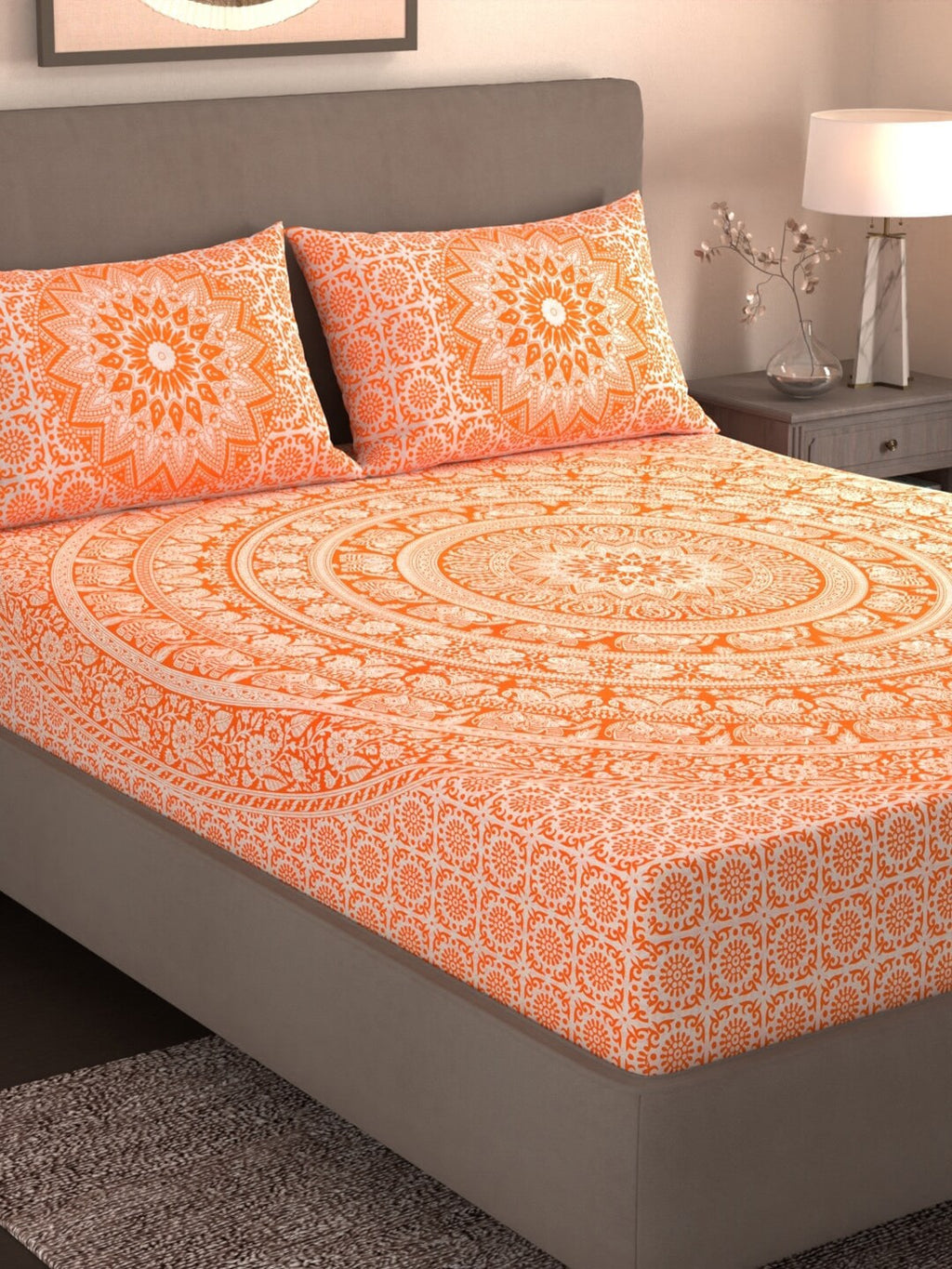 Varde Orange & White Ethnic Motifs Cotton 210 TC King Bedsheet With 2 Pillow Covers