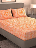 Varde Orange & White Ethnic Motifs Cotton 210 TC King Bedsheet With 2 Pillow Covers