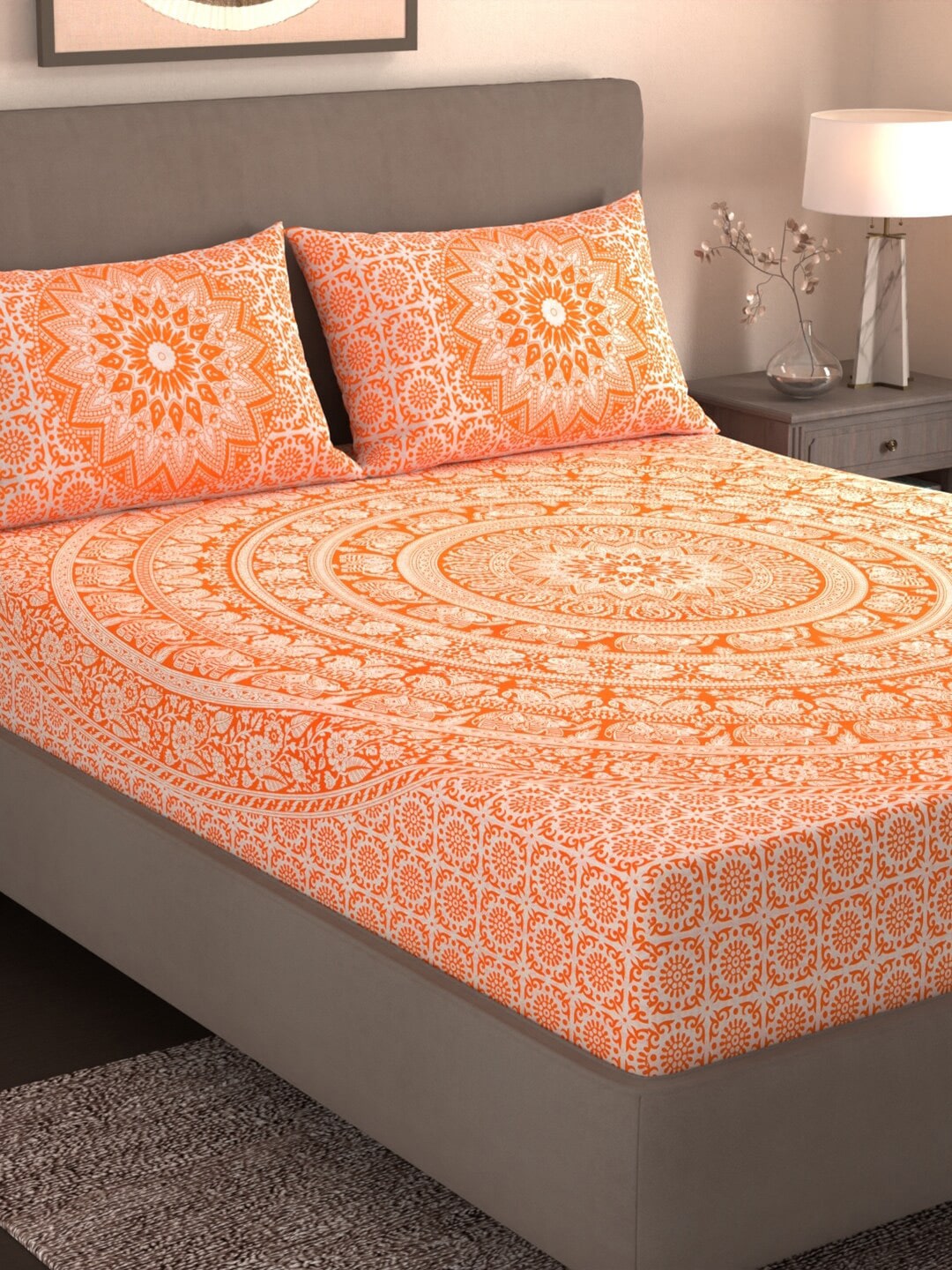 Varde Orange & White Ethnic Motifs Cotton 210 TC King Bedsheet With 2 Pillow Covers