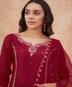 Sangria Maroon Floral Embroidered Straight Kurta With Trousers & Dupatta