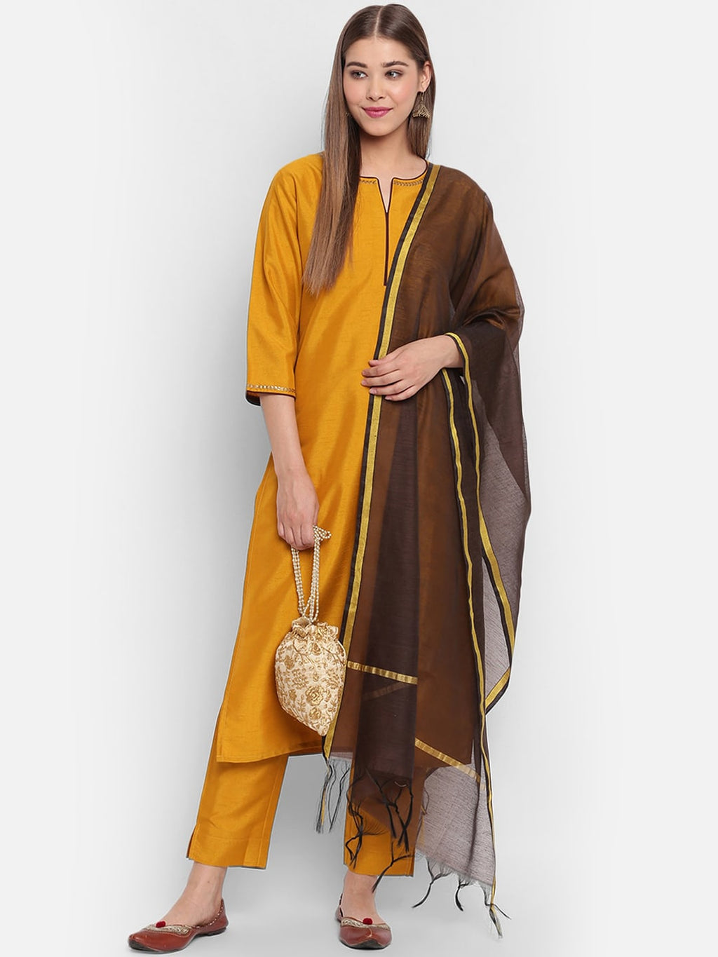 Janasya Mustard Yellow & Brown Solid Kurta with Trousers & Dupatta - Distacart