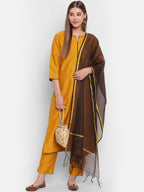 Janasya Mustard Yellow & Brown Solid Kurta with Trousers & Dupatta - Distacart