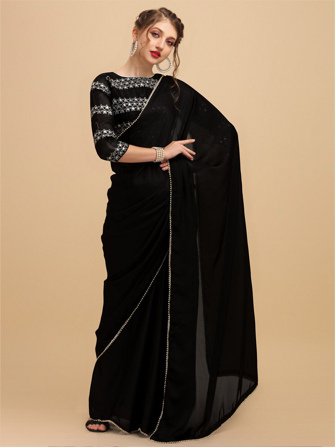 Sangria Pearl Border Detail Saree With Embroidered Blouse - Distacart