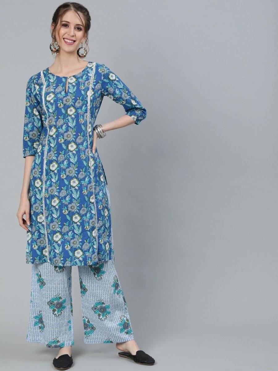 Aks Floral Printed Keyhole Neck Pure Cotton Kurta With Palazzos