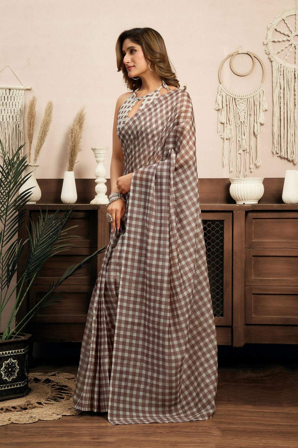 Joban Fashion Beige Checked Linen Ready To Wear Saree With Unstitched Blouse - Distacart