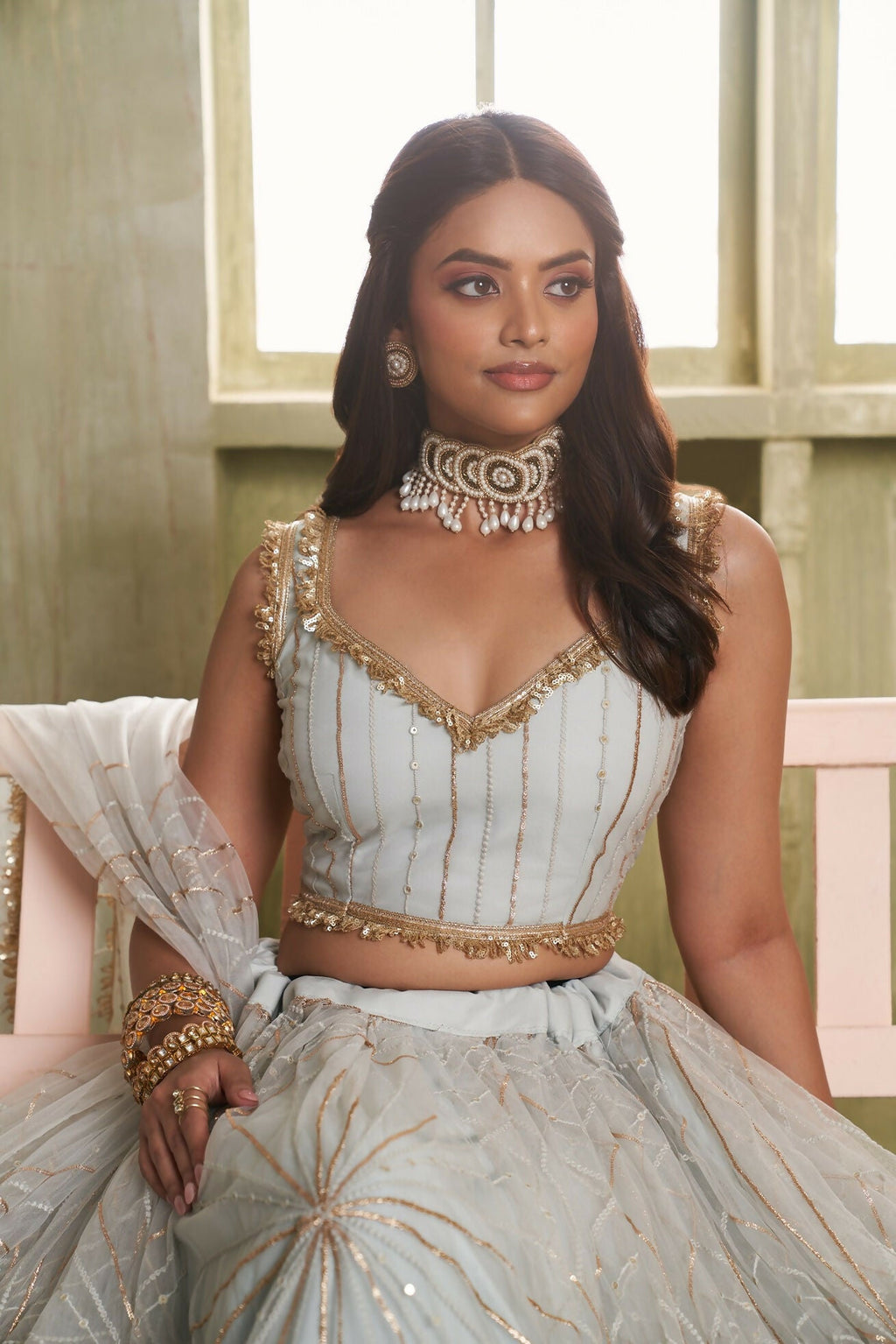 Eilara Light Gray Sequins Net Function Wear Lehenga Choli Set