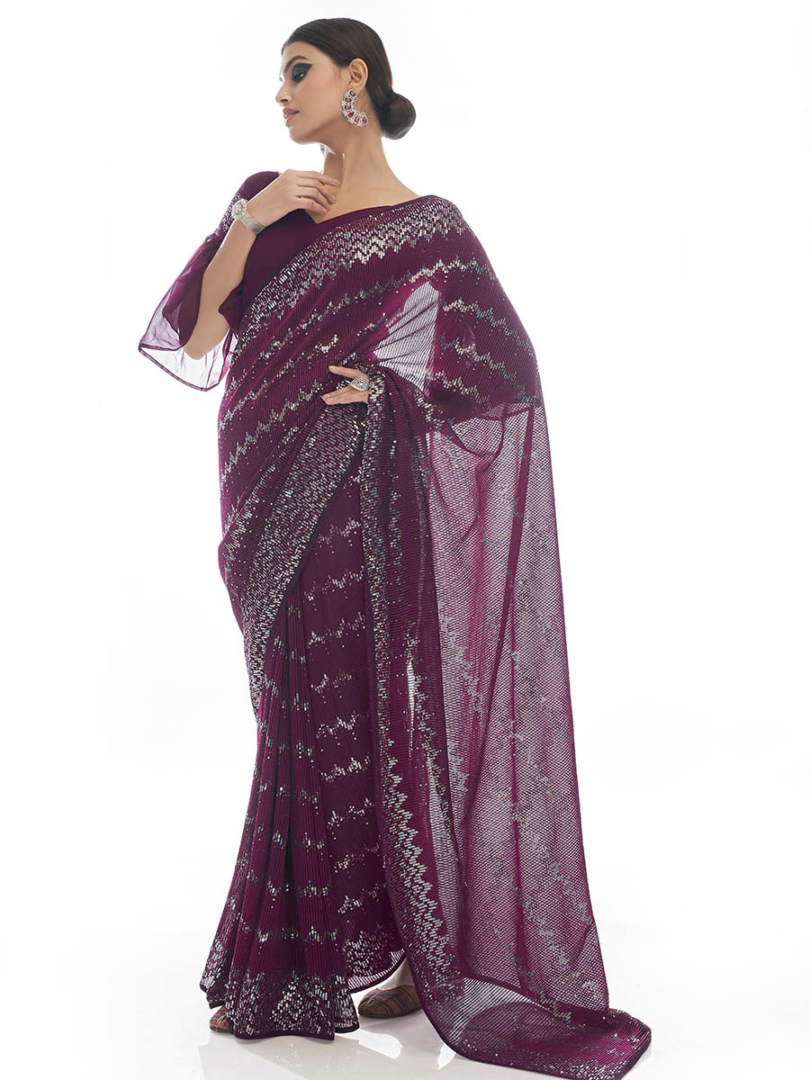 Myra Wine Georgette Embroidered Designer Saree - Distacart