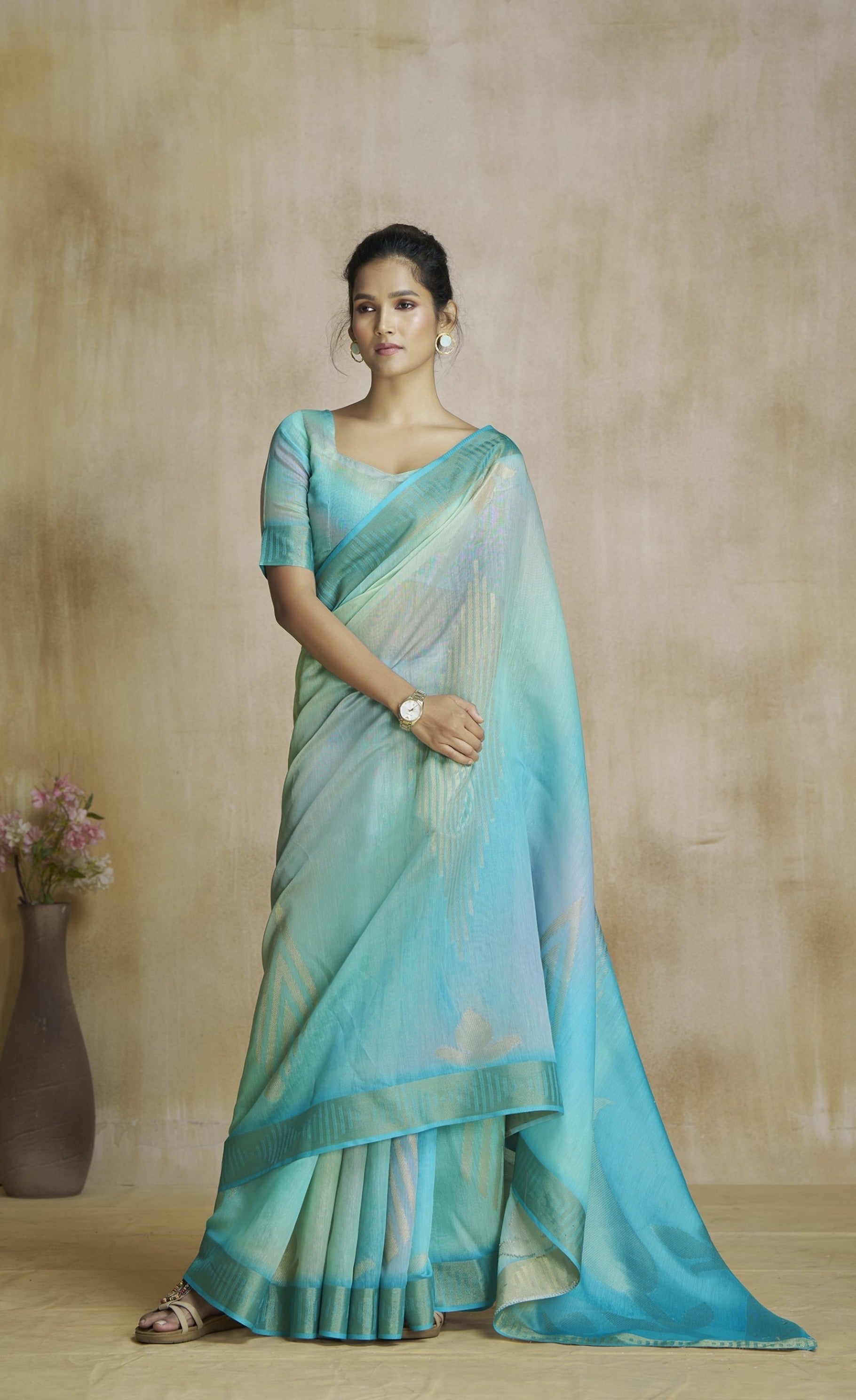 Anaita Turquoise Fancy Fabric With Digital Print Saree With Blouse - Distacart