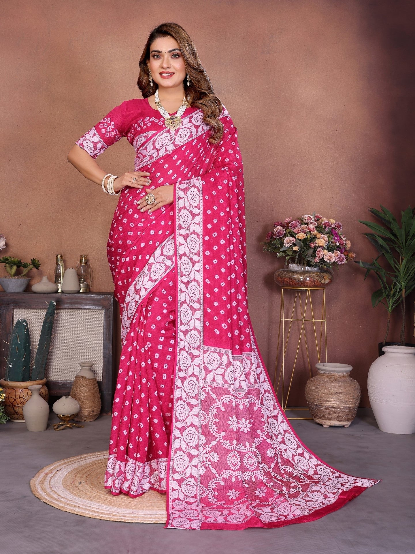 Anaita Pink Handmade Bandhej Viscose Silk Saree With Blouse - Distacart