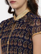 Souchii Navy Blue & Gold Floral Print Fit and Flare Dress - Distacart