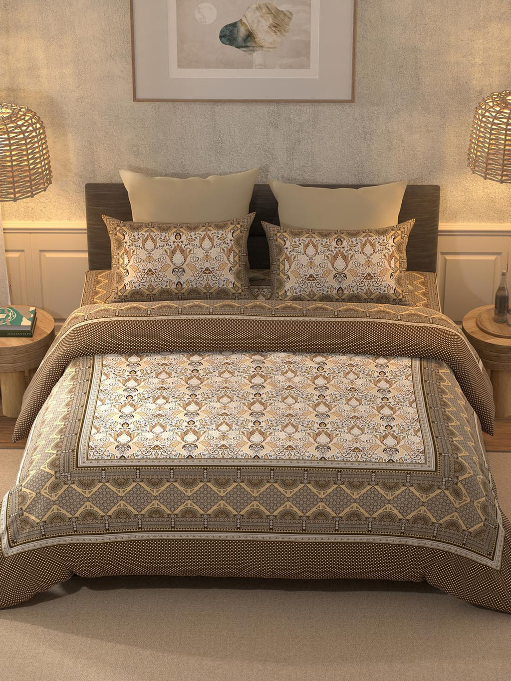 BELLA CASA Brown & Beige Ethnic Motifs Cotton 350 TC King Bedsheet with 2 Pillow Covers