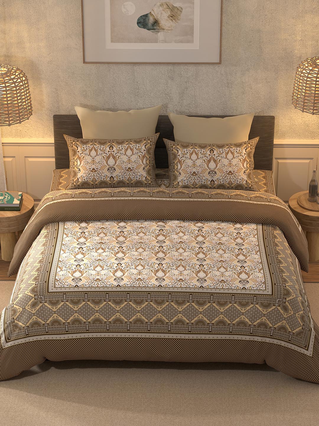 BELLA CASA Brown & Beige Ethnic Motifs Cotton 350 TC King Bedsheet with 2 Pillow Covers