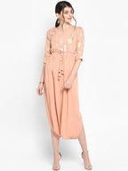 Janasya Peach-Coloured & Silver-Toned Printed A-Line Kurta - Distacart