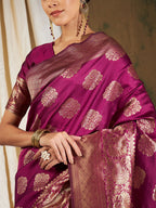 Sangria Burgundy & Gold-Toned Ethnic Motifs Woven Design Zari Silk Blend Banarasi Saree - Distacart