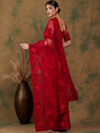 Sangria Red Floral Embroidered Saree - Distacart