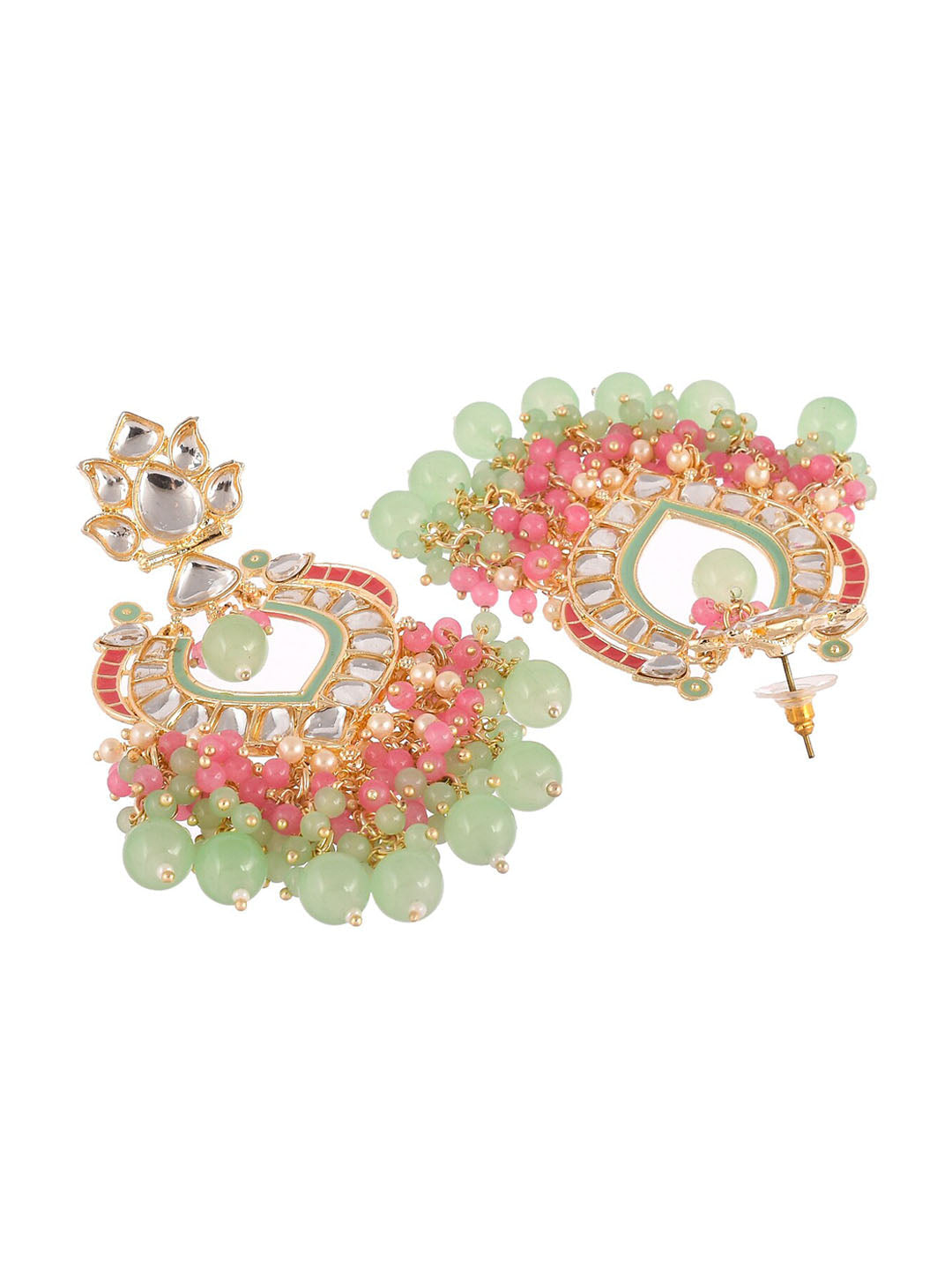 Shoshaa Gold-Plated Green & Pink Enamel Kundan-Studded Drop Earrings - Distacart