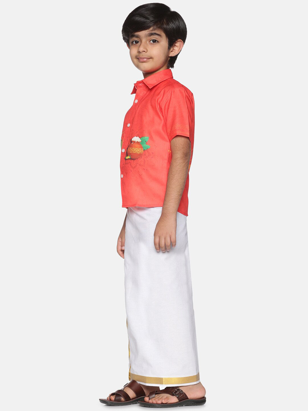Sethukrishna Boys Red & White Printed Shirt with Dhoti