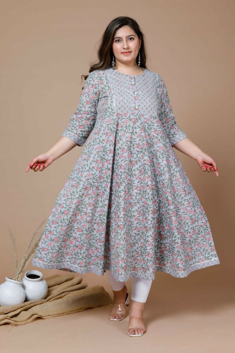 Miravan Women's Plus Size Blue Ethnic Motifs Gotta Patti Pure Cotton Anarkali Kurta