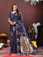 Lorenvalley Fashion Navyblue Soft Paithani Silk Woven Design Gold Zari Meenakari Weaving Saree