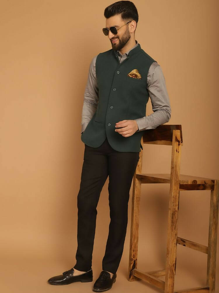Even Apparels Pure Wool Nehru Jacket - Green