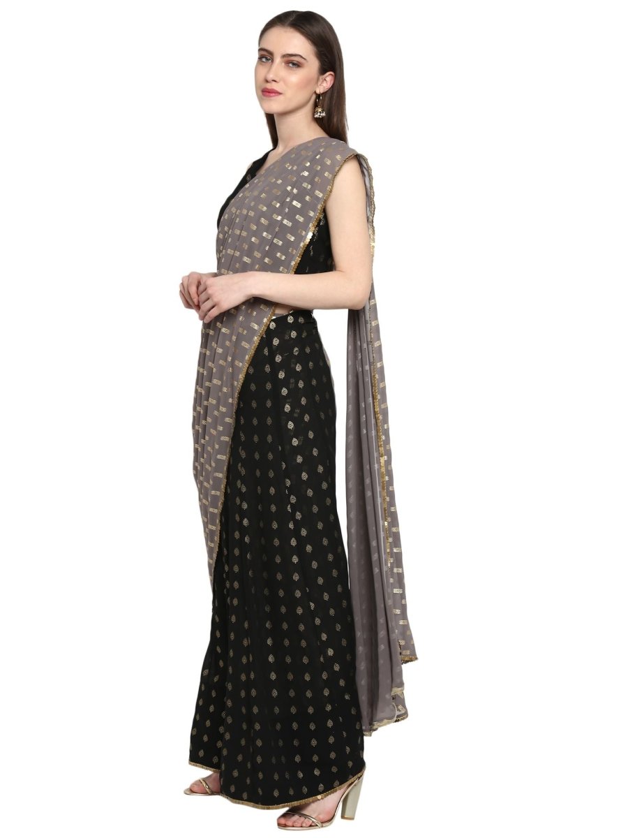 Ahalyaa Women's Black Georgette Foil Print Ready to Wear Saree