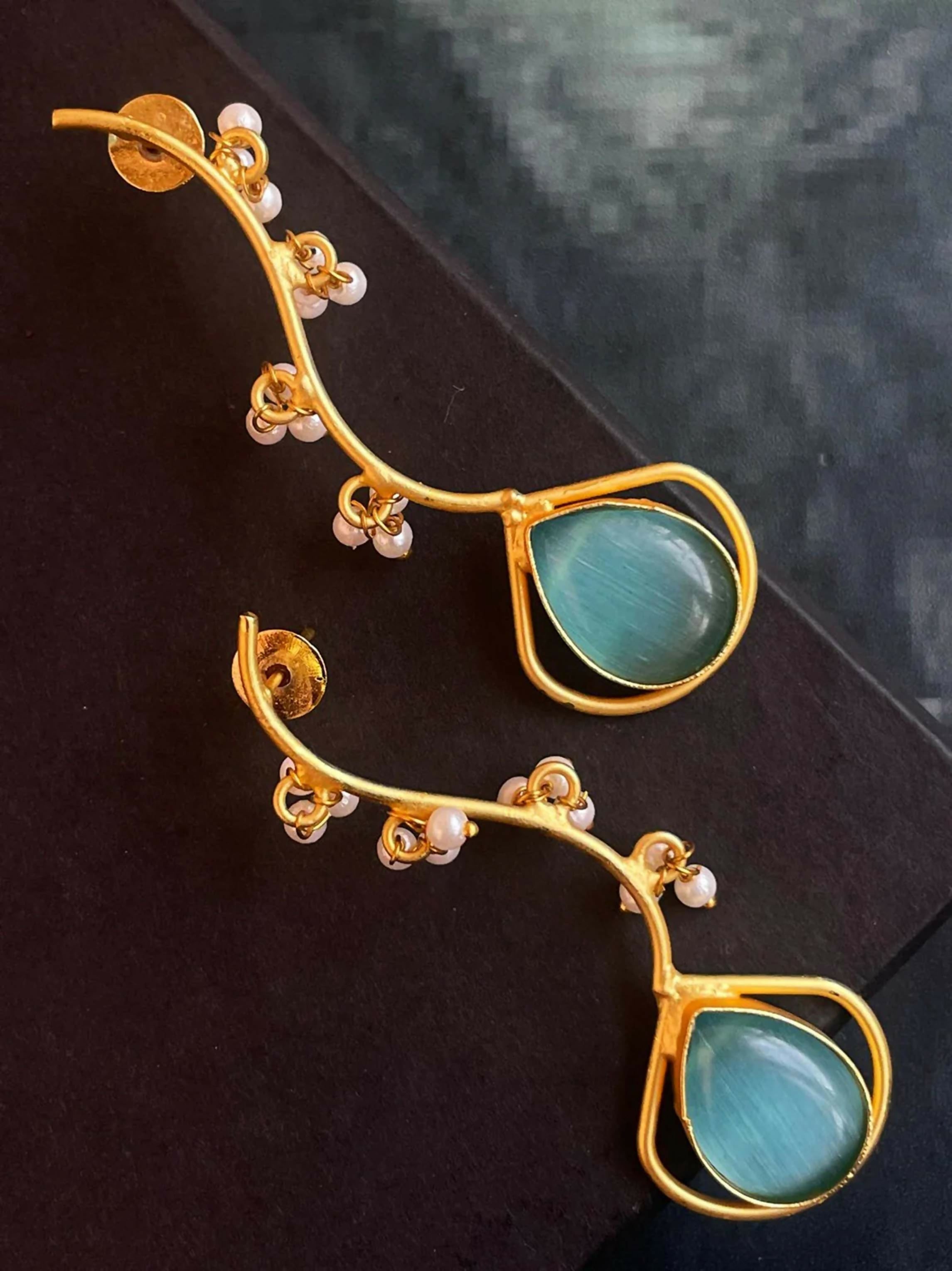 Joban Fashion Women Sky Blue Monalisa Stone Trendy Golden Earring - Distacart