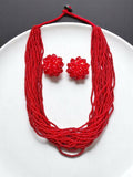 Inhanns Vibrant Handmade 20 Layers Beaded Necklace With Matching Earrings - Red
