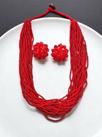 Inhanns Vibrant Handmade 20 Layers Beaded Necklace With Matching Earrings - Red