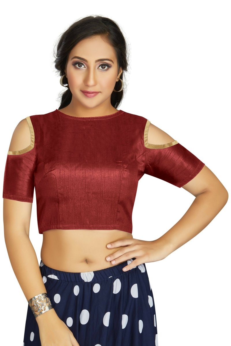 Aastha Fashion Women's Maroon Art Silk Cold Shoulder Sleeve Readymade Blouse